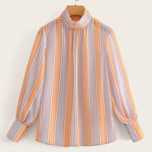 

Buttoned Cuff Striped Blouse, Multicolor