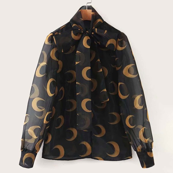 

Moon Print Tie Neck Blouse, Black
