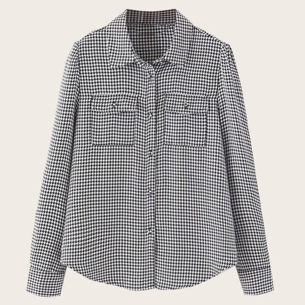 

Houndstooth Curve Hem Button Up Blouse
