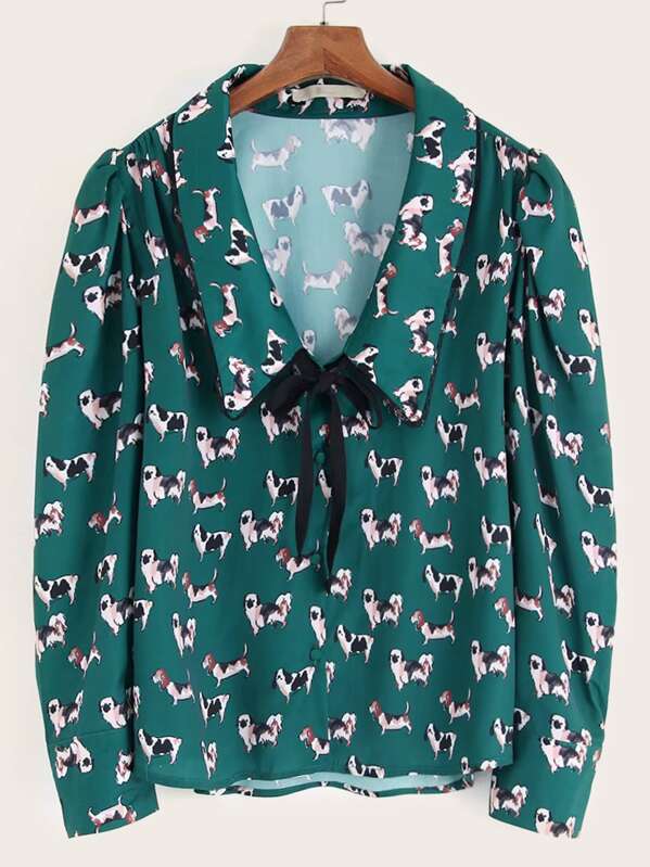 

Animal Graphic Tie Neck Blouse, Green