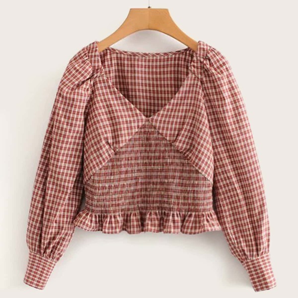 

Ruffle Hem Shirred Waist Gingham Blouse, Red