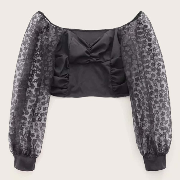 

Contrast Mesh Sleeve Zipper Crop Blouse, Black