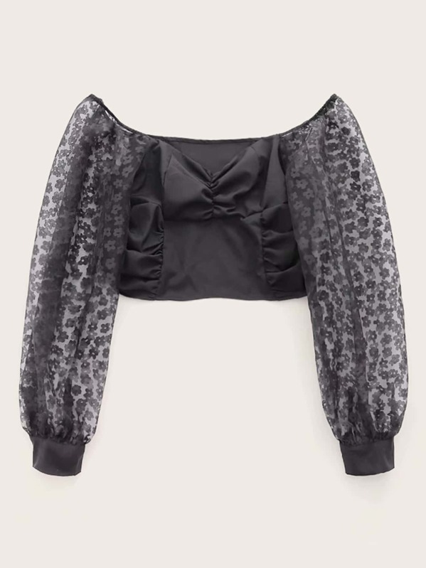 

Contrast Mesh Sleeve Zipper Crop Blouse, Black