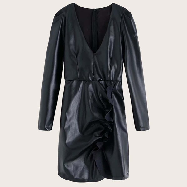 

Zip Back Ruched Ruffle PU Dress, Black