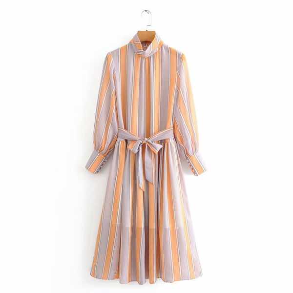 

Striped Stand Neck Self Tie A-line Dress, Multicolor