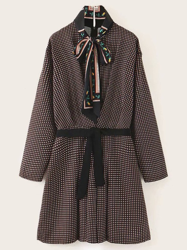 

Polka Dot Tie Neck Belted Dress, Brown