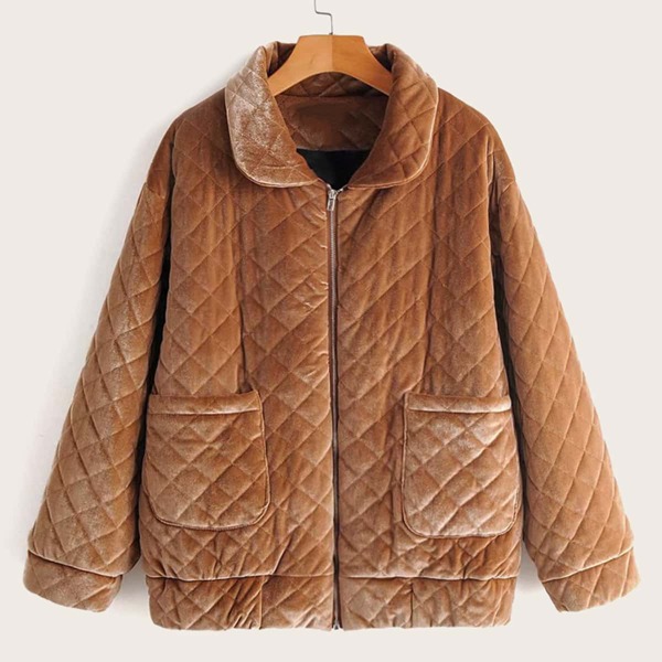 

Zip Up Velvet Puffer Coat, Brown