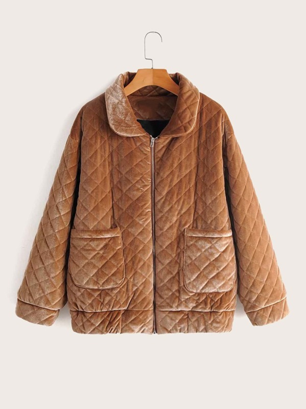 

Zip Up Velvet Puffer Coat, Brown