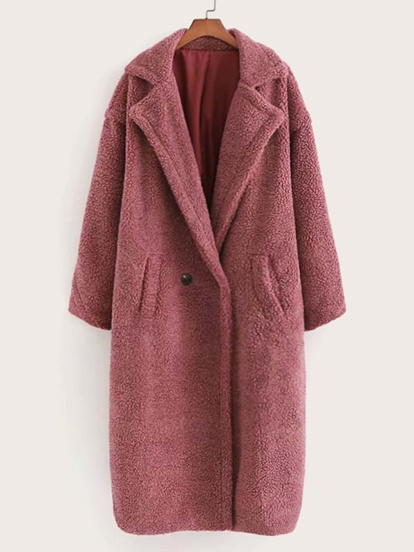 

Pocket Side Lapel Neck Teddy Coat, Pink