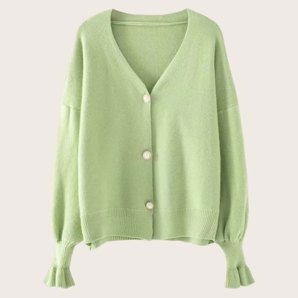 

V-Neck Flounce Sleeve Button Front Cardigan, Green