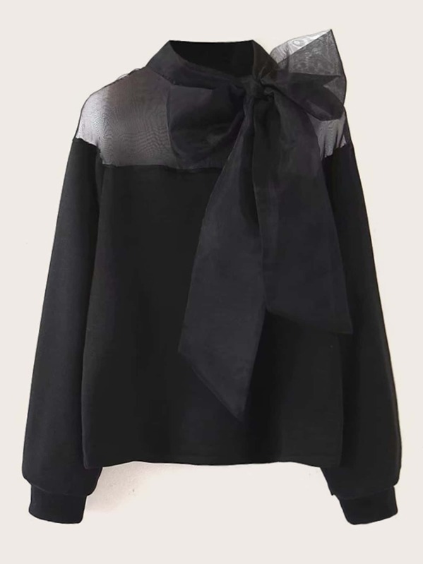 

Tie Neck Contrast Mesh Sweatshirt, Black