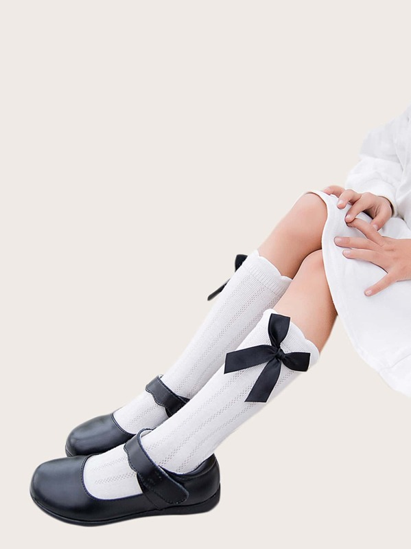 

1pair Toddler Girls Bow Knot Decor Knee Length Socks, White