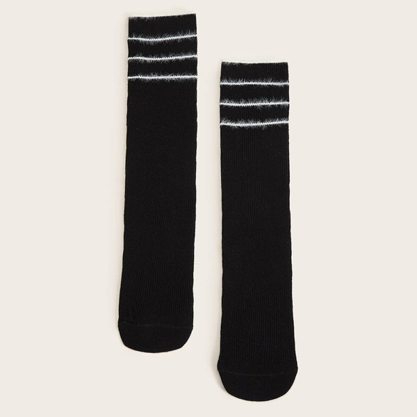 

1pair Toddler Girls Striped Pattern Knee Length Socks, Black