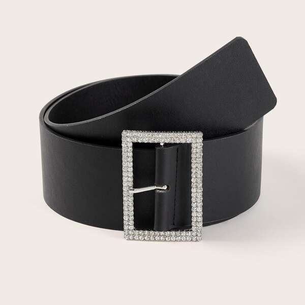 

Rhinestone Engraved Metal Buckle Belt, Black