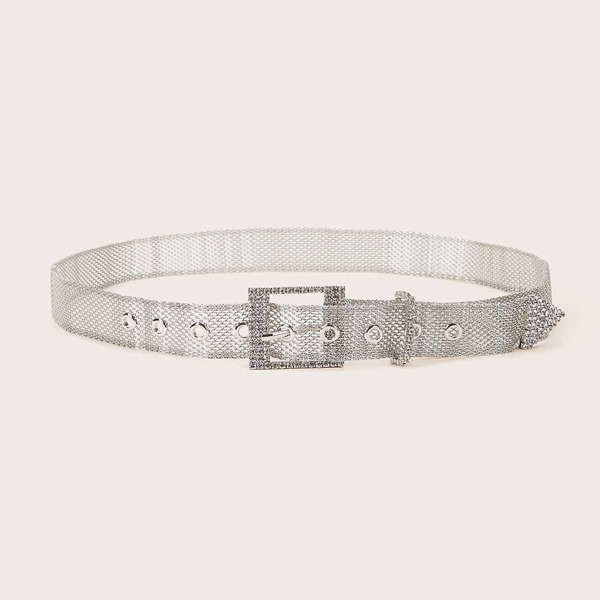 

Rhinestone Engraved Eyelet Decor Belt, Silver