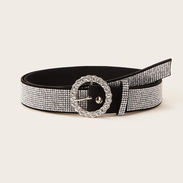 

Rhinestone Engraved O-ring Buckle Belt, Silver
