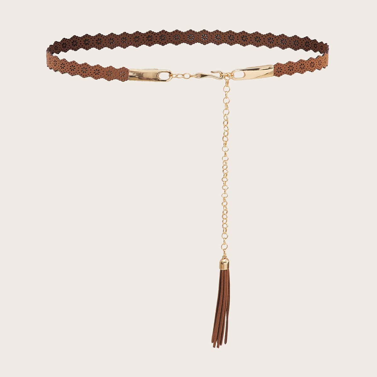 

Tassel Decor Laser Cut Buckle Skinny Belt, Brown
