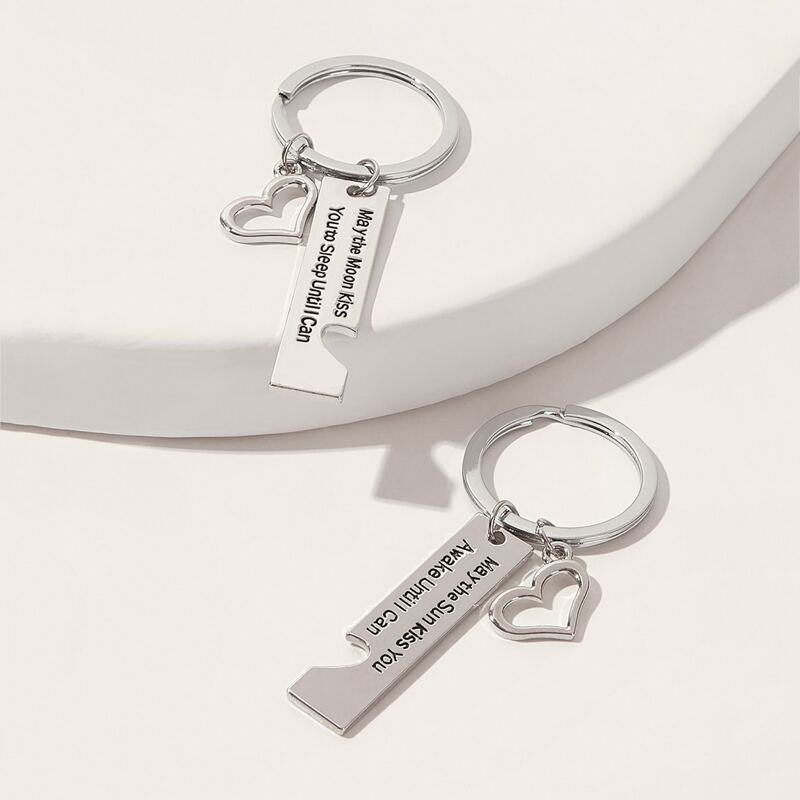 

2pcs Heart Charm Couple Keychain, Silver