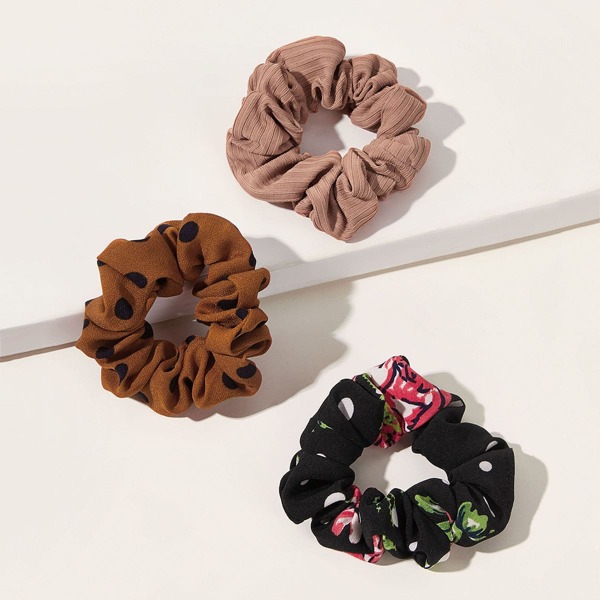 

3pcs Polka Dot & Floral Pattern Scrunchie, Multicolor