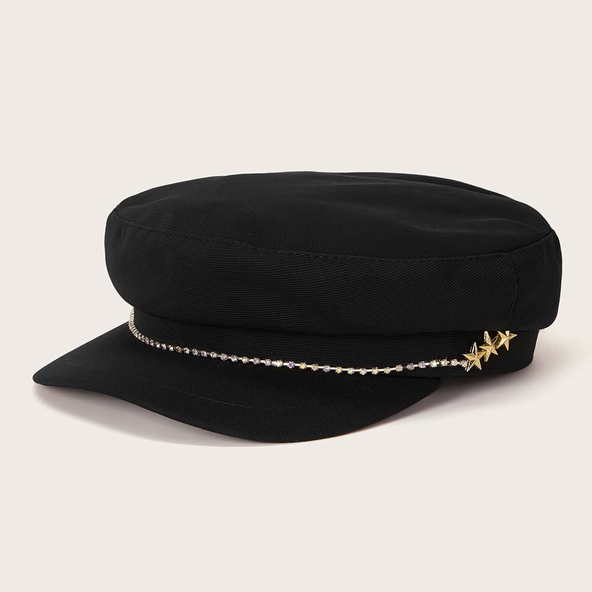 

Rhinestone & Star Decor Baker Boy Hat, Black