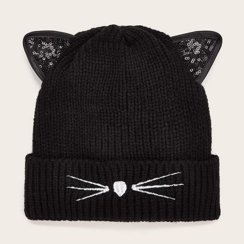 

Sequin Ear Cuffed Beanie, Black