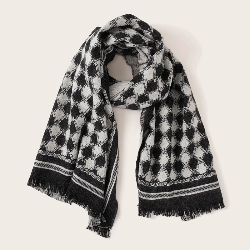 

Geometric Fringe Hem Scarf, Black and white