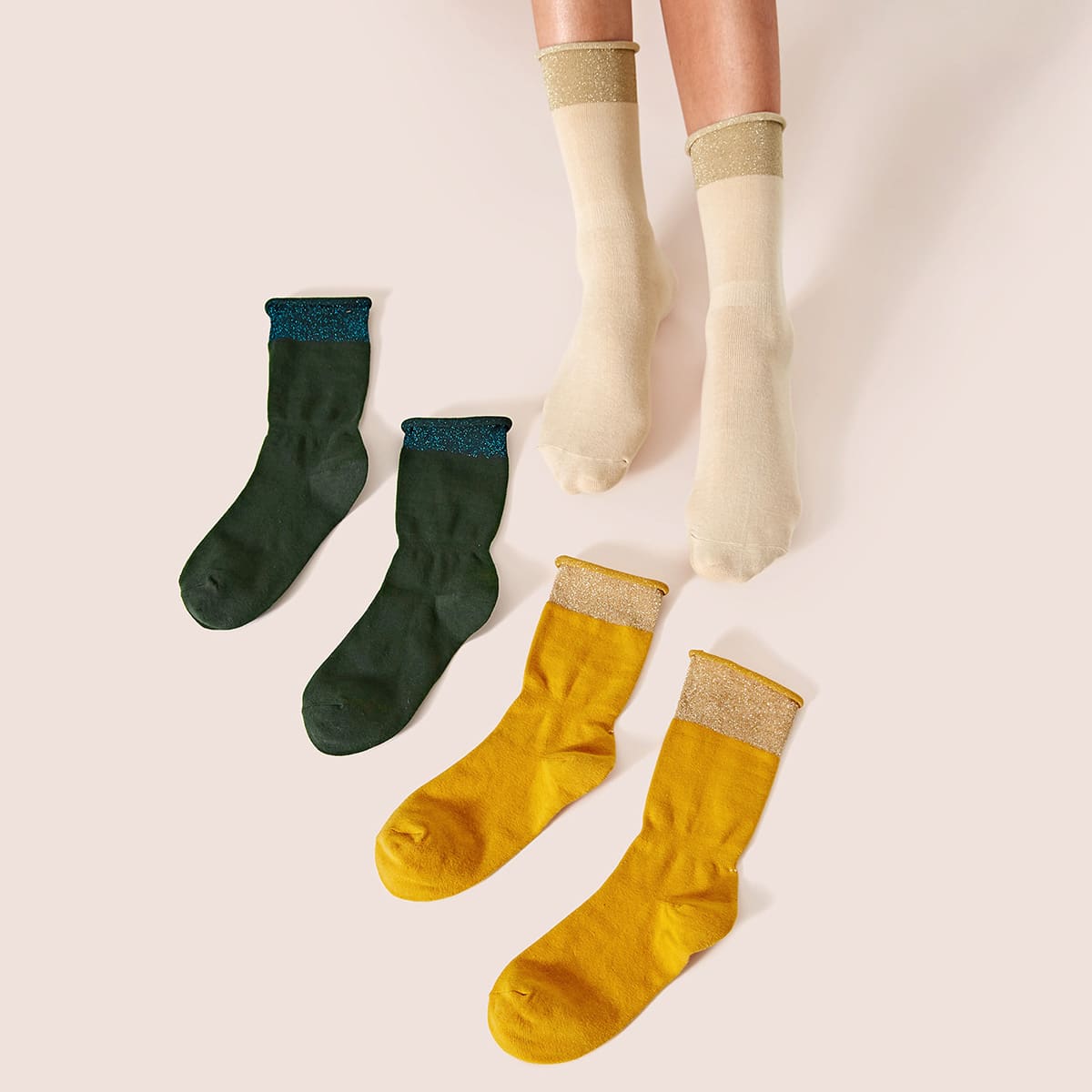 

3pairs Simple Glitter Socks, Multicolor