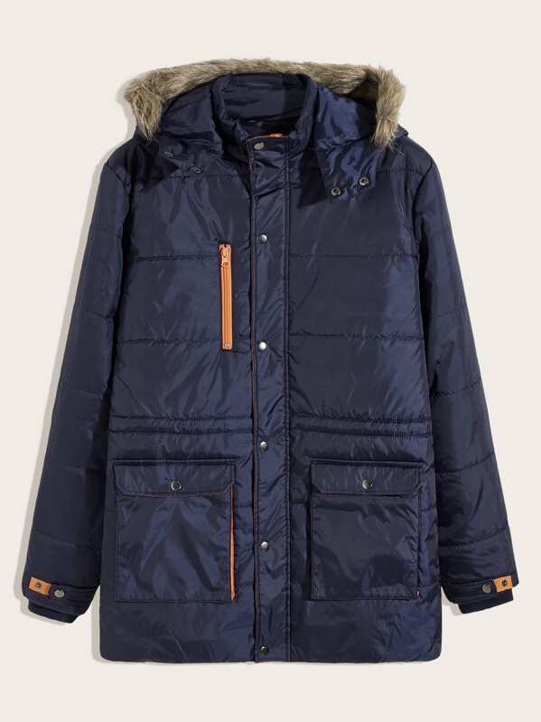 

Men Faux Fur Hooded Puffer Coat, Navy