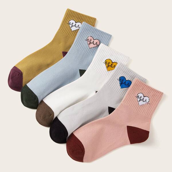 

5pairs Heart Pattern Socks, Multicolor