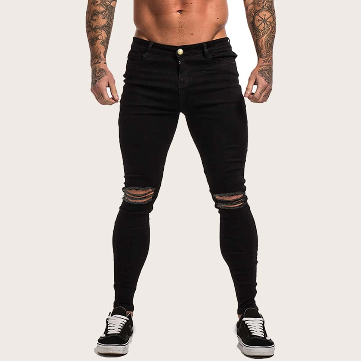 

Guys Button Fly Ripped Skinny Jeans, Black