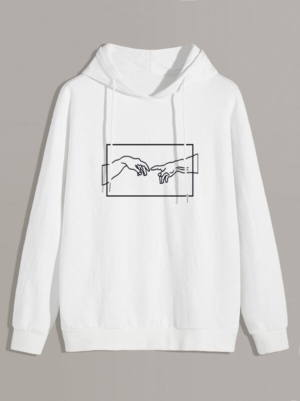 

Men Hands Print Drawstring Hoodie, White