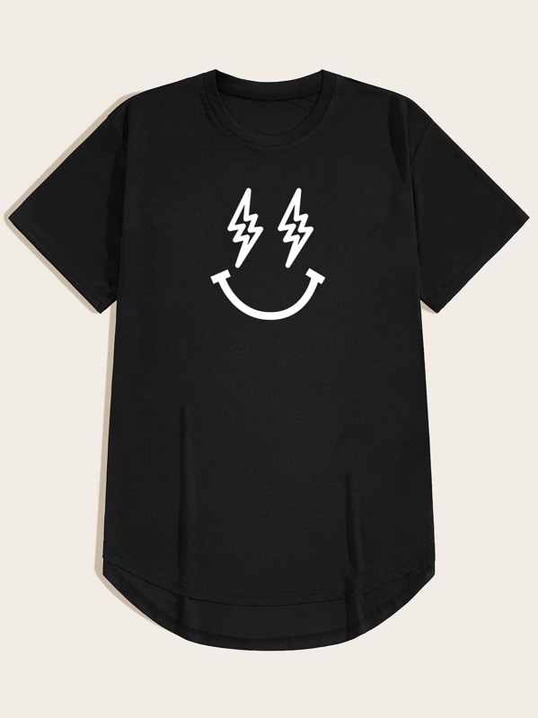 

Men Graphic Print High Low Tee, Black