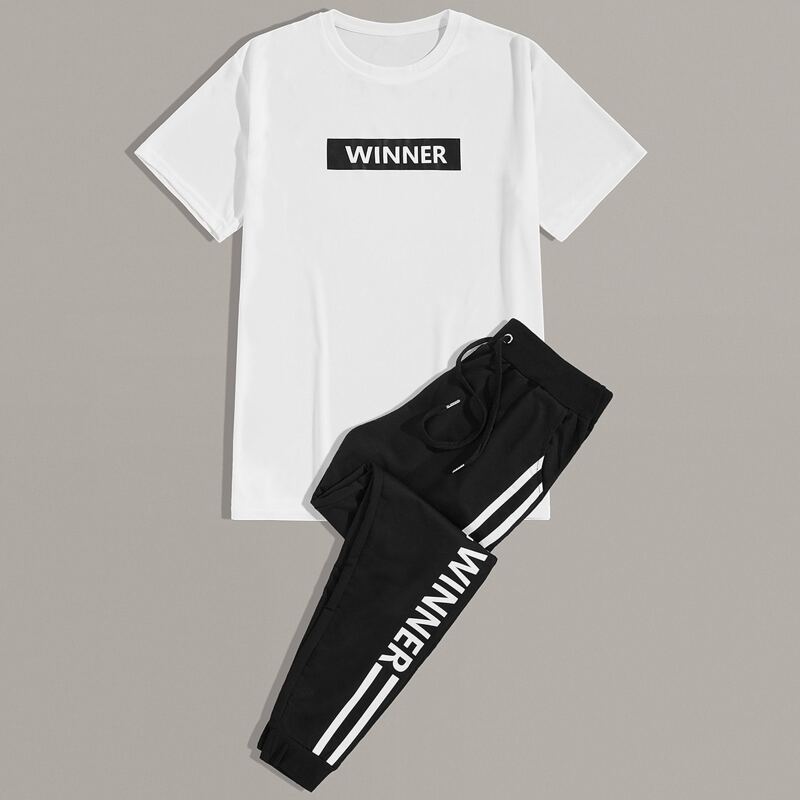 

Guys Letter Graphic Tee & Drawstring Sweatpants, Black and white