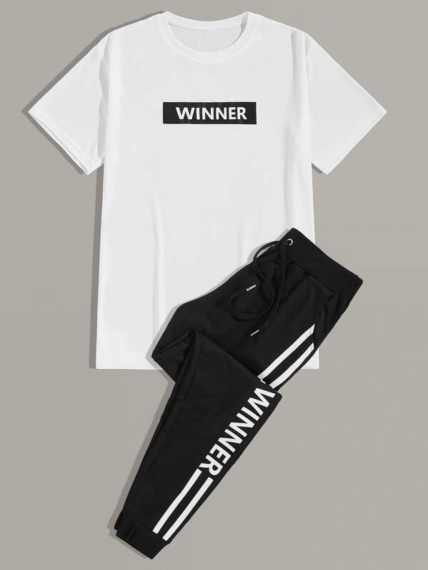 

Men Letter Graphic Tee & Drawstring Sweatpants, Black and white