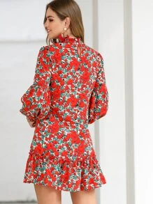 Floral Print Ruffle Hem Bishop Sleeve Dress