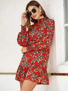 Floral Print Ruffle Hem Bishop Sleeve Dress