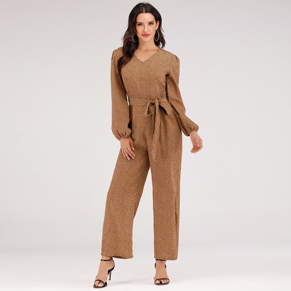 

Dalmatian Print Wide Leg Belted Jumpsuit, Khaki