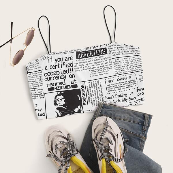

Newspaper Print Crop Cami Top, Black and white