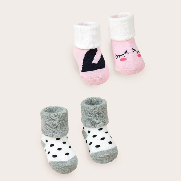 

2pairs Baby Polka Dot & Cartoon Pattern Socks, Multicolor
