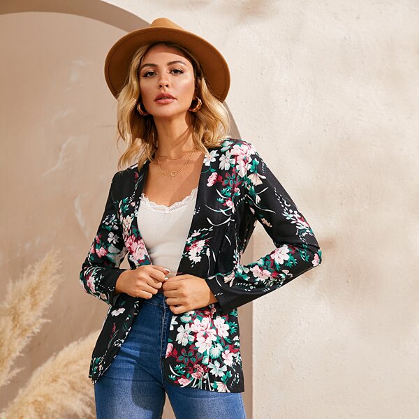 

Floral Print Open Front Blazer, Black