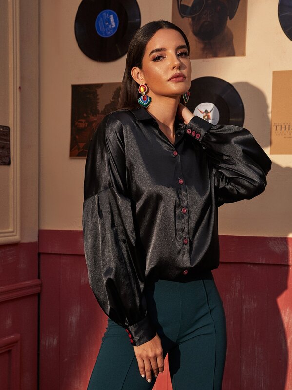 

Button Through Bishop Sleeve Satin Blouse, Black, Juliana