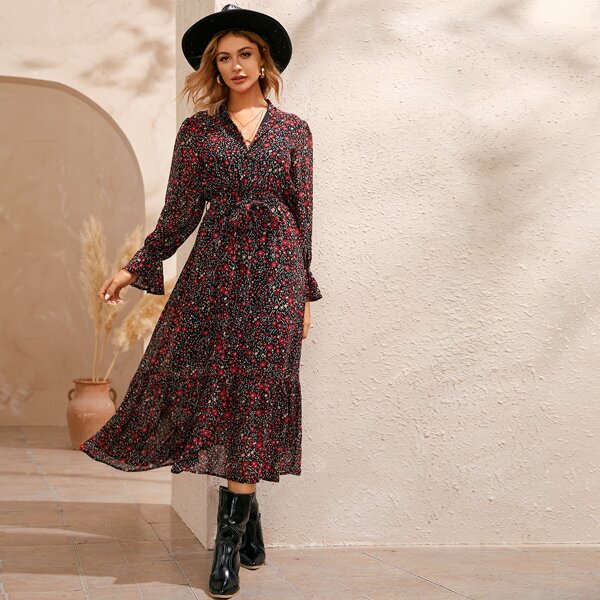 

Ditsy Floral Flounce Sleeve Belted Dress, Multicolor