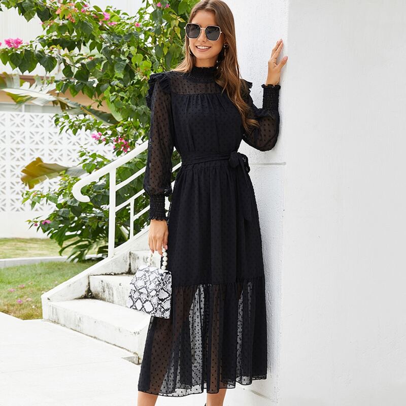 

Shirred Cuff Ruffle Trim Belted Dress, Black