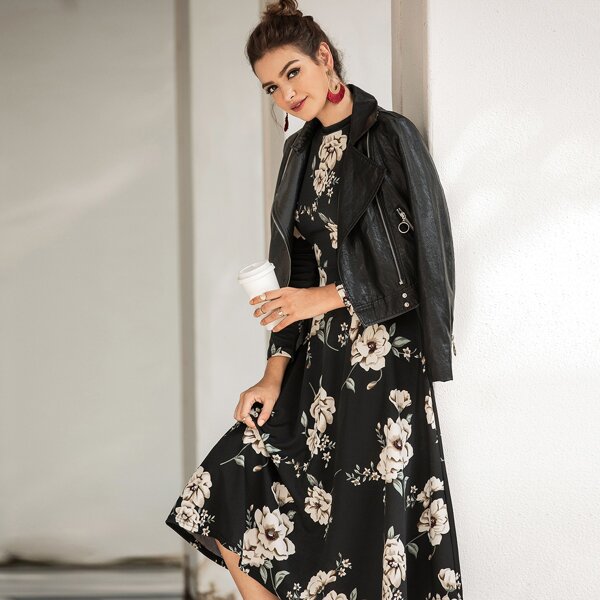 

Floral Print Flared Hem Dress, Black