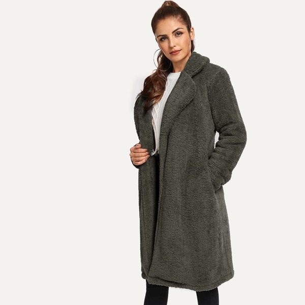 

Solid Lapel Collar Teddy Coat, Grey