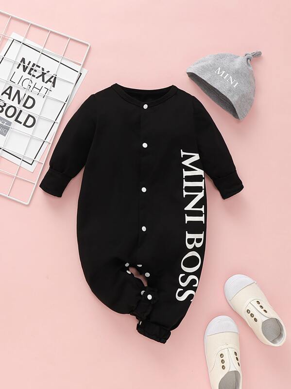 

Baby Boy Letter Graphic Popper Jumpsuit With Hat, Black