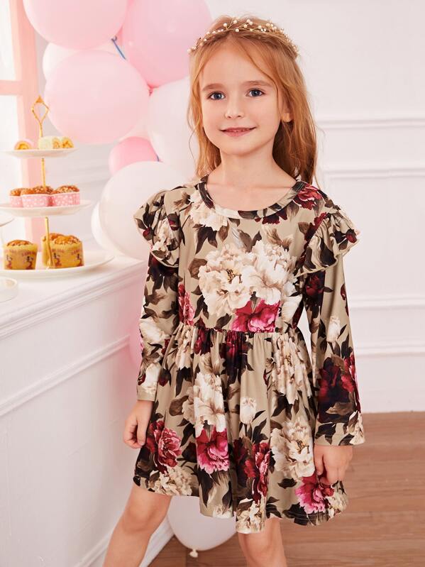 

Toddler Girls Large Floral Ruffle Trim Swing A-line Dress, Multicolor, Sofia B