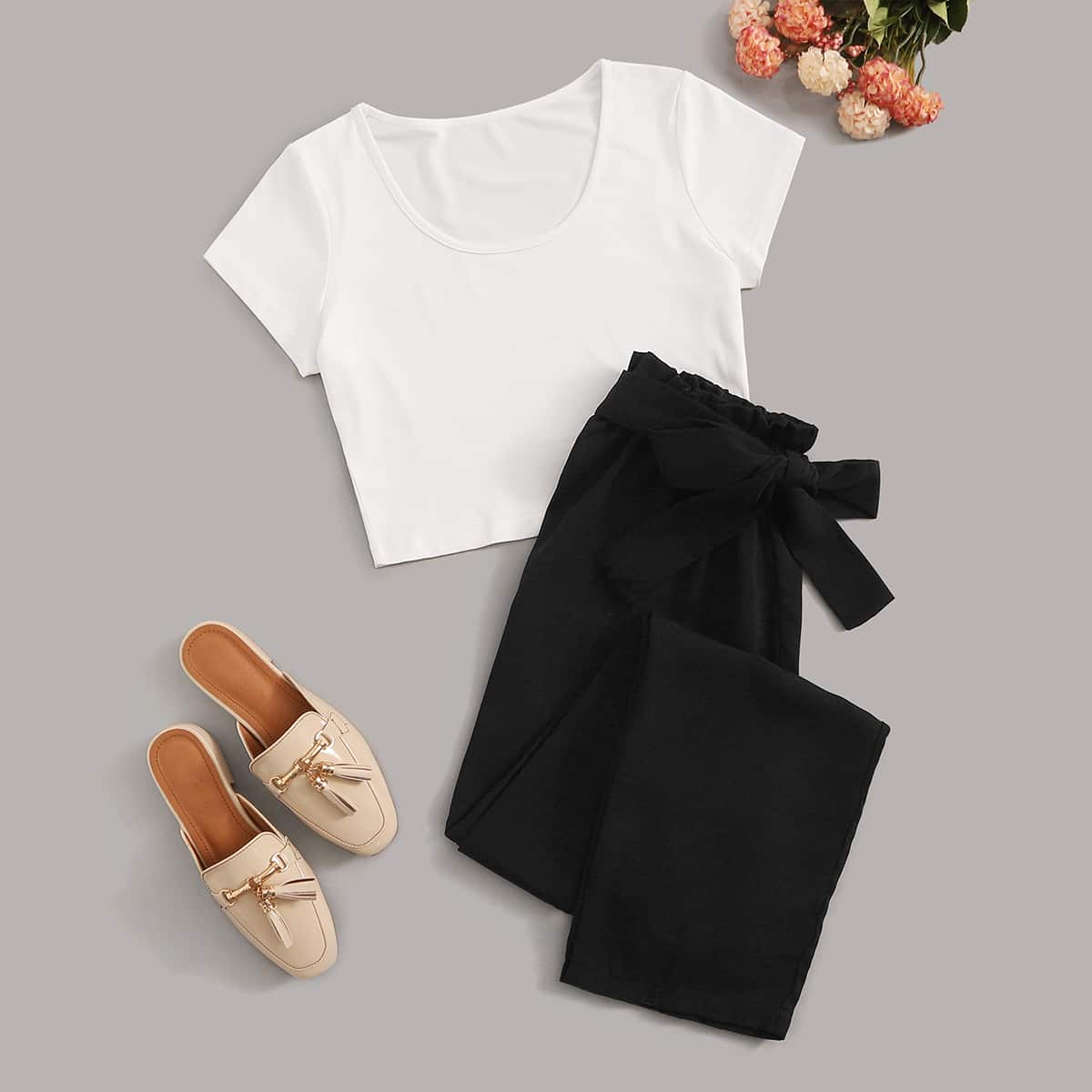 

Solid Scoop Neck Tee & Belted Pants, Black and white
