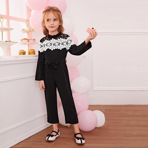 

Toddler Girls Appliques Self Tie Lace Yoke Jumpsuit, Black