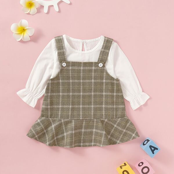

Baby Girl Flounce Sleeve Top With Tweed Pinafore Dress, Multicolor